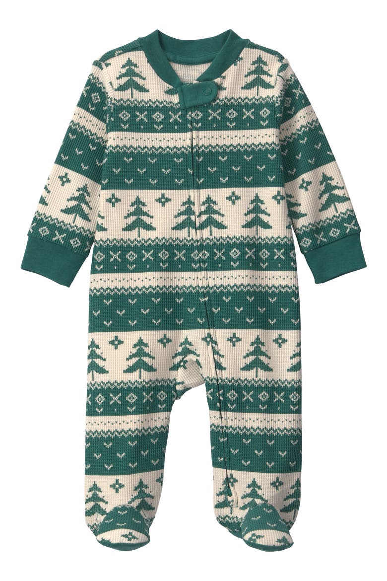 Print Organic Cotton Blend Zip Footie, Main, color, TREE FAIRISLE