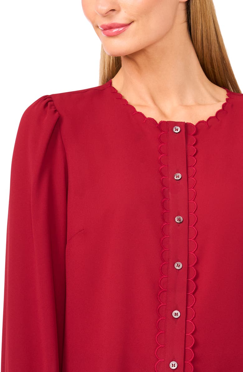 CeCe Scallop Detail Front Button Top, Alternate, color, Mulberry Red
