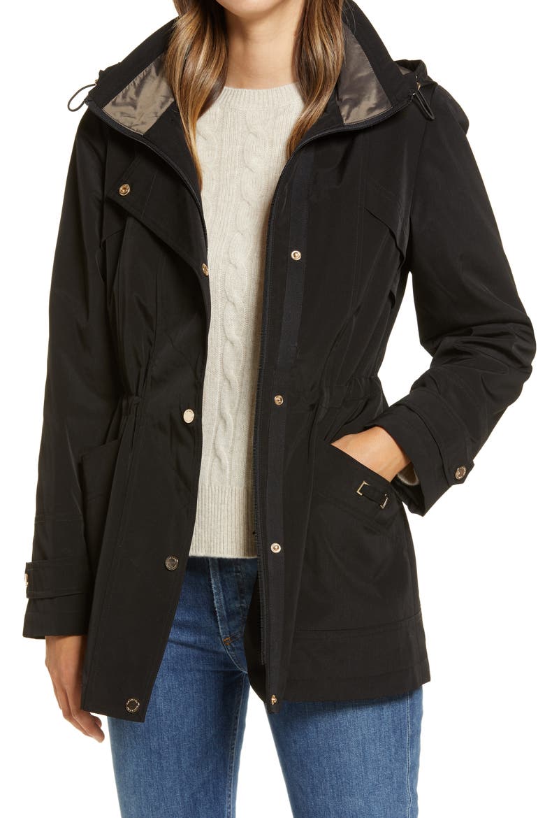 Cinched Waist Hooded Water Resistant Raincoat, Main, color, BLACK