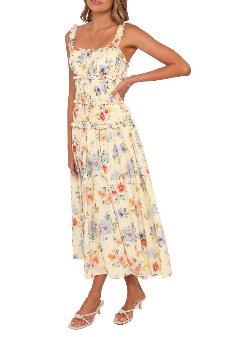 Enola Shirred Ruffle Trim Midi Dress, Alternate, color, YELLOW FLORAL