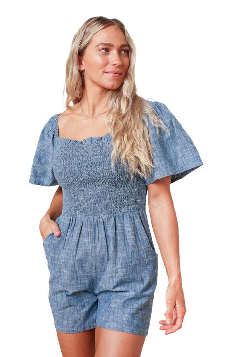 Women's Organic Smocked Chambray Romper