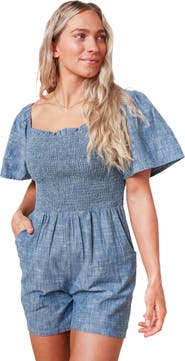 Hope & Henry Women's Organic Smocked Chambray Romper