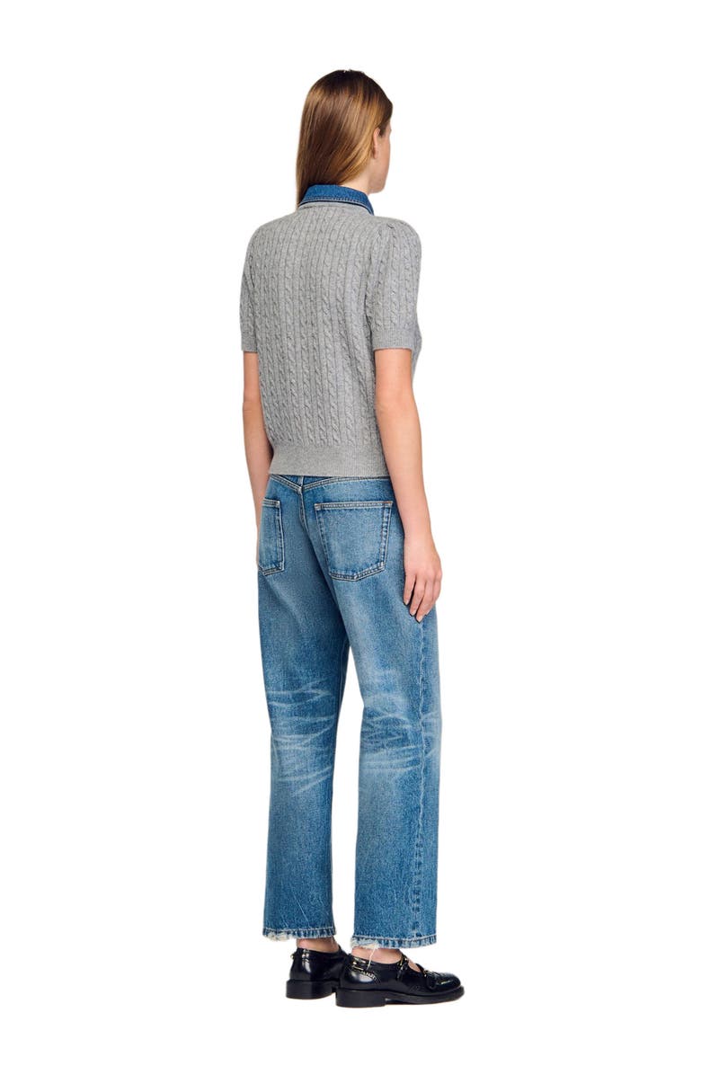 SANDRO Cardigan with detachable denim collar, Alternate, color, Grey