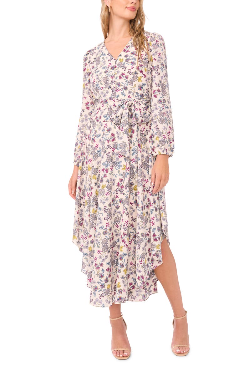 Floral Long Sleeve Asymmetric Hem Dress, Main, color, BIRCH