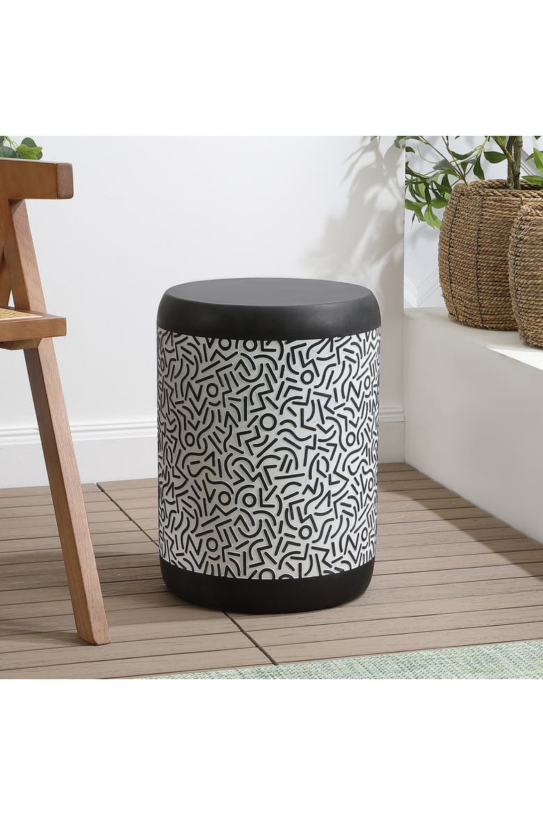 Indi Modern Geometric Concrete Drum Garden Stool, Indoor/Outdoor Weather-Resistant Patio Accent Side Table, Alternate, color, Black/White