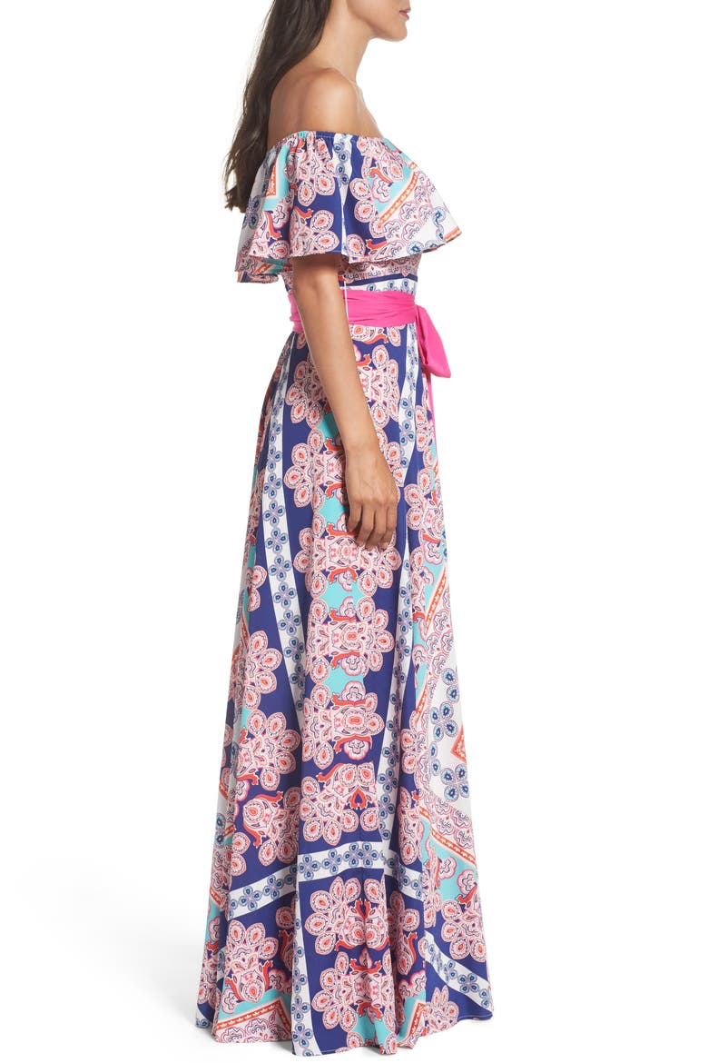 Off the Shoulder Maxi Dress, Alternate, color, ORANGE/ NAVY