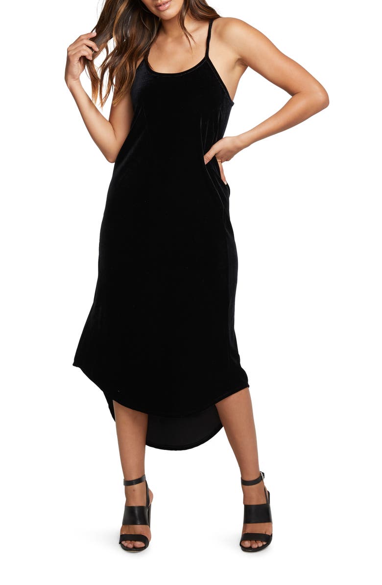 Chaser High-Low Hem Velvet Midi Dress, Main, color,