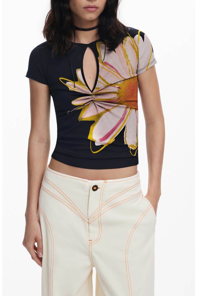 Floral Keyhole Rib T-Shirt, Main, color, BLACK