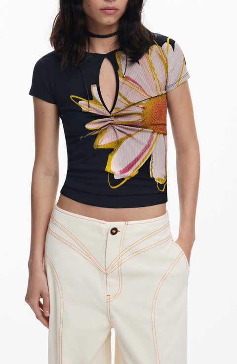 Floral Keyhole Rib T-Shirt
