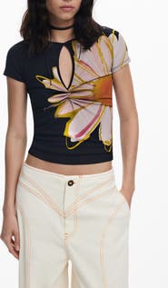 Desigual Floral Keyhole Rib T-Shirt