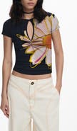 Desigual Floral Keyhole Rib T-Shirt