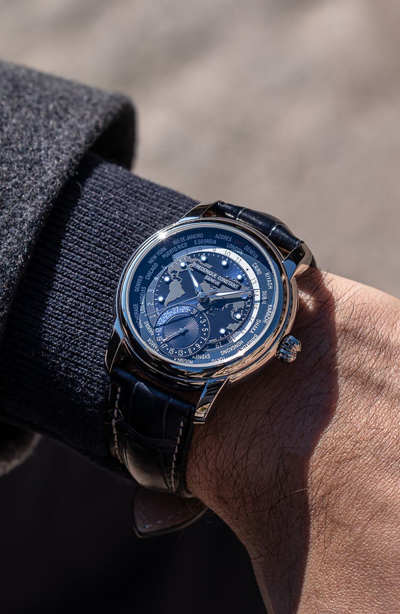 FREDERIQUE CONSTANT Classic Manufacture Worldtimer Navy Automatic Leather Strap Watch, 42mm, Alternate, color, Navy/ Silver