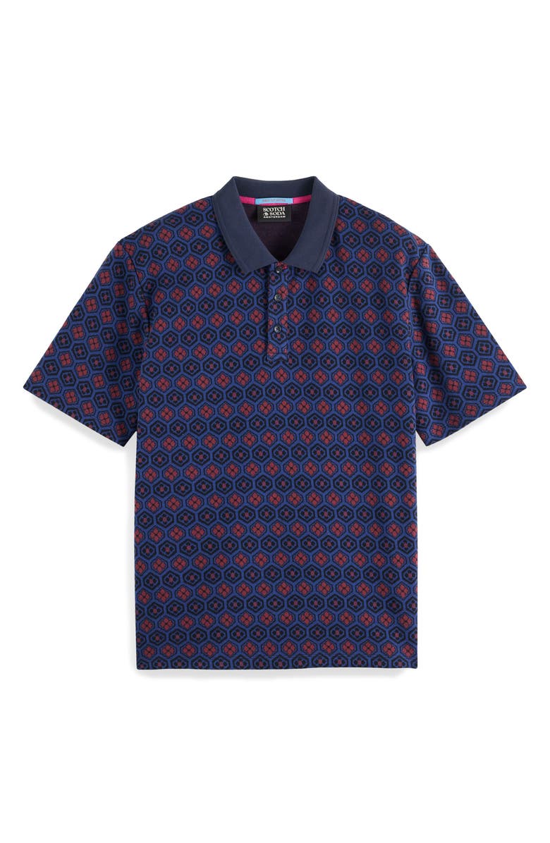 Scotch & Soda Geographic Floral Jacquard Polo, Main, color, Navy
