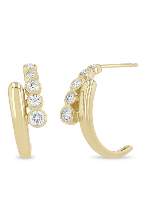 Bezel Diamonds 14k Gold Diamond Bypass Hoop Earrings