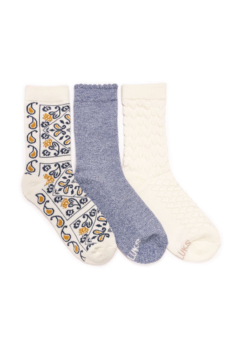 MUK LUKS Women's Dream Step Crew Socks, 3 Pair Pack, Main, color, Denim/Paisley