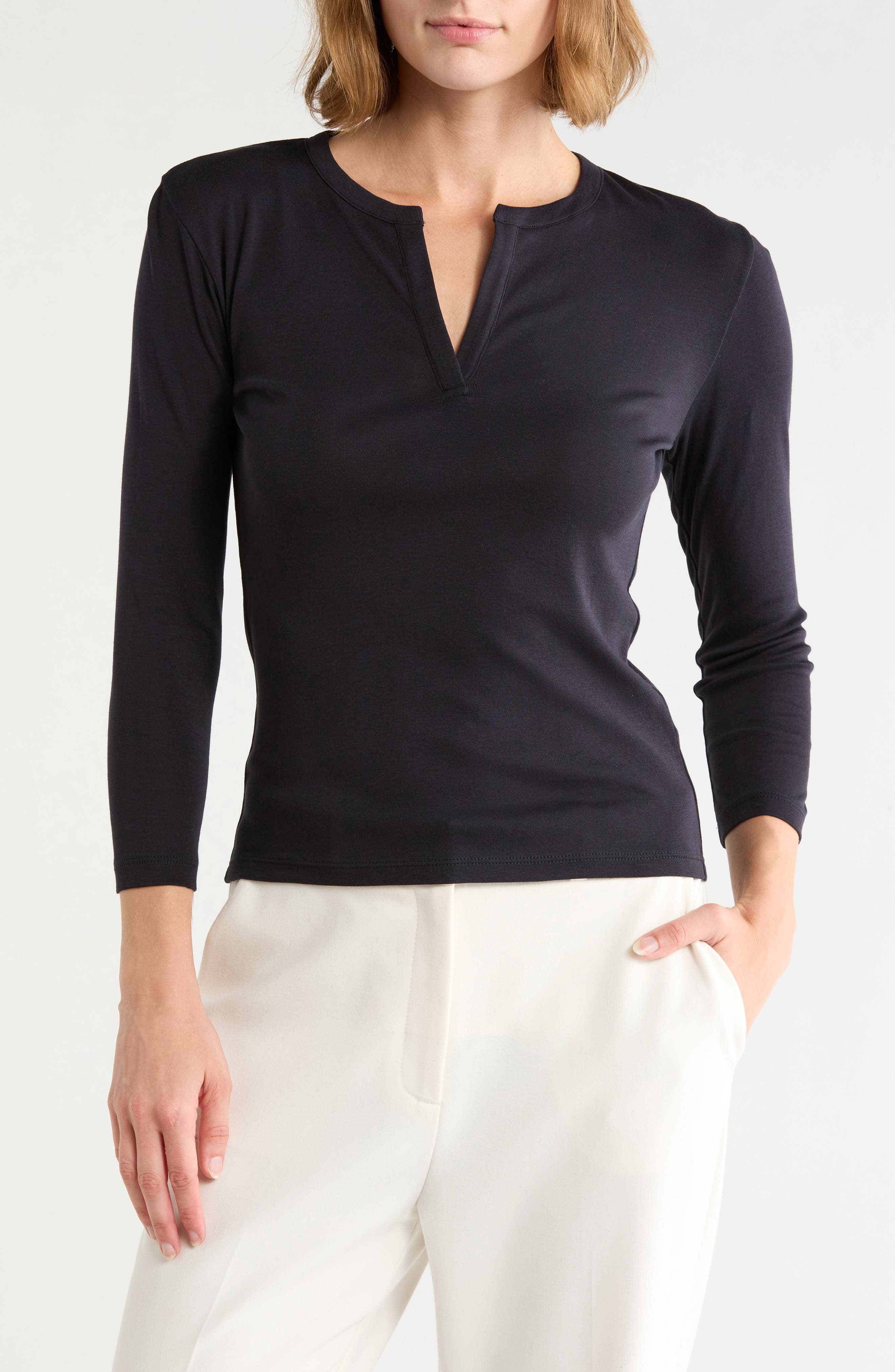 Split Neck Three-Quarter Sleeve Henley