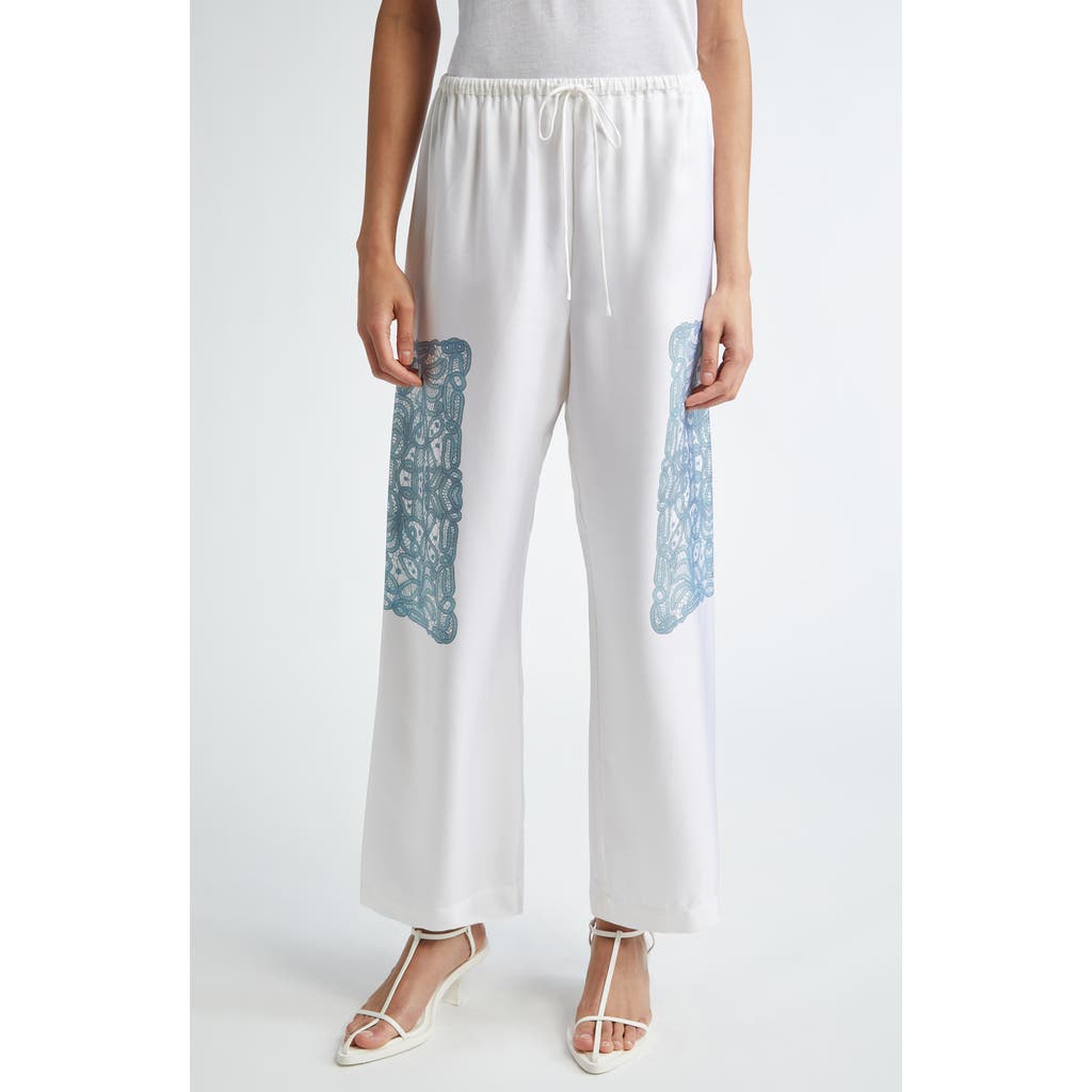 Shop Bite Studios Lace Print Drawstring Waist Organic Silk Twill Pants In Off White