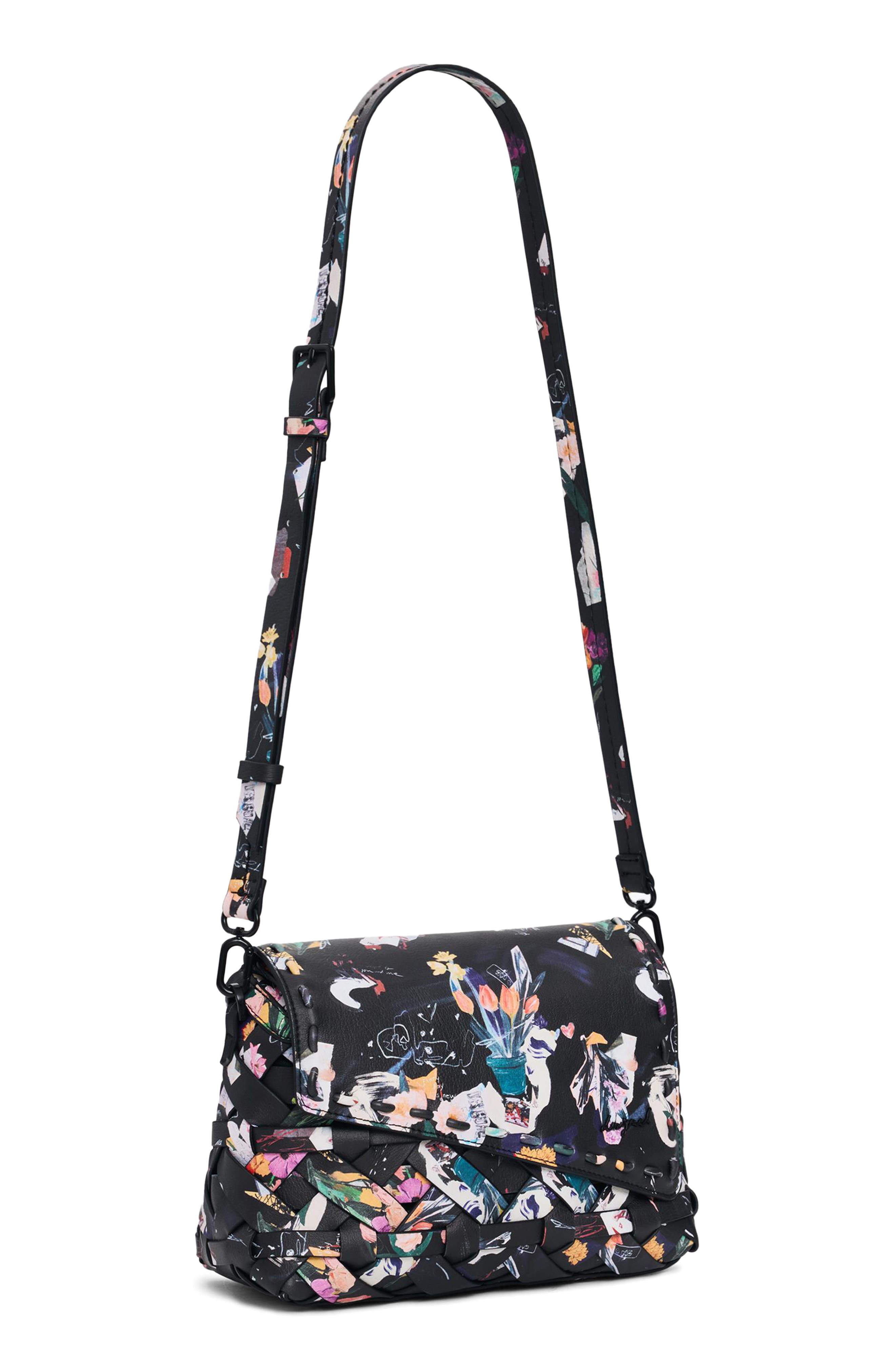Desigual Floral Pattern Faux Leather Crossbody Bag, Alternate, color, Black