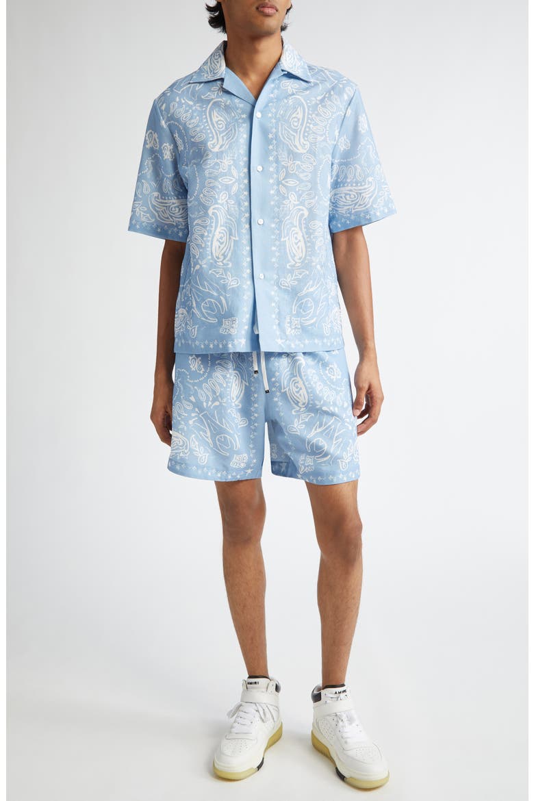 Watercolor Bandana Linen & Cotton Shorts, Alternate, color, CERULEAN