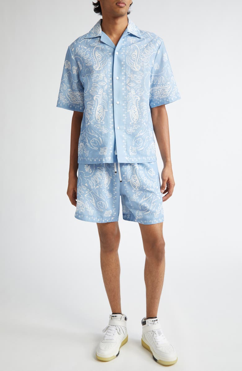 AMIRI Watercolor Bandana Linen & Cotton Camp Shirt, Alternate, color, Cerulean