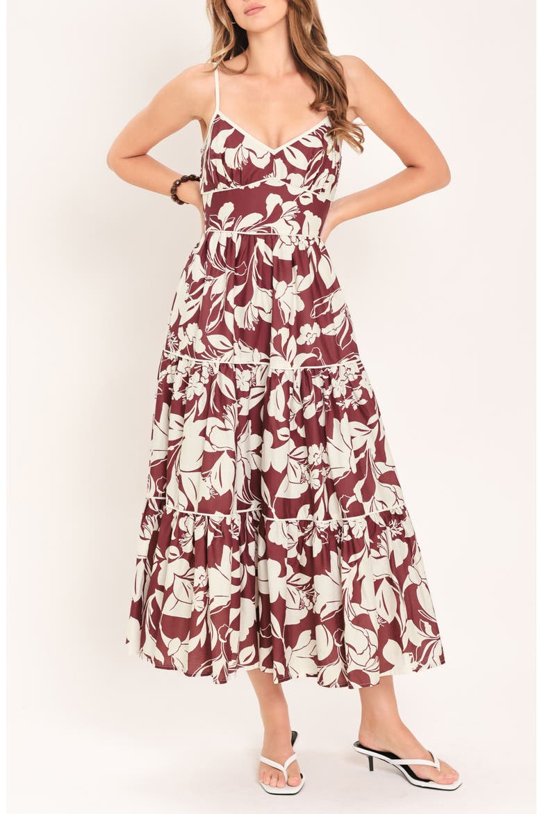 Floral Tiered Cotton Midi Dress, Alternate, color, MAROON