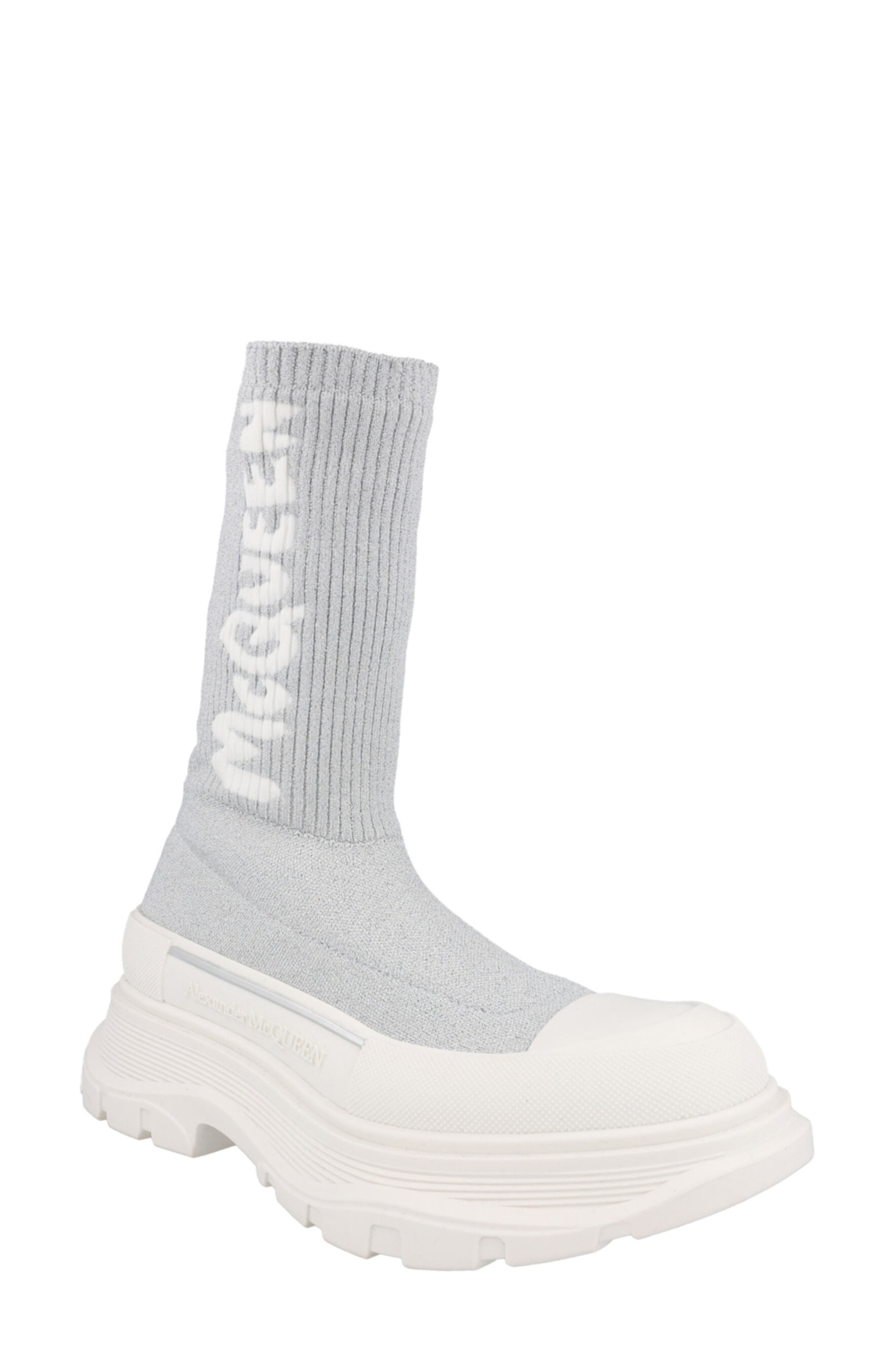 McQueen Ribbed Tread Sock Bootie, Main, color, Silver Grey White