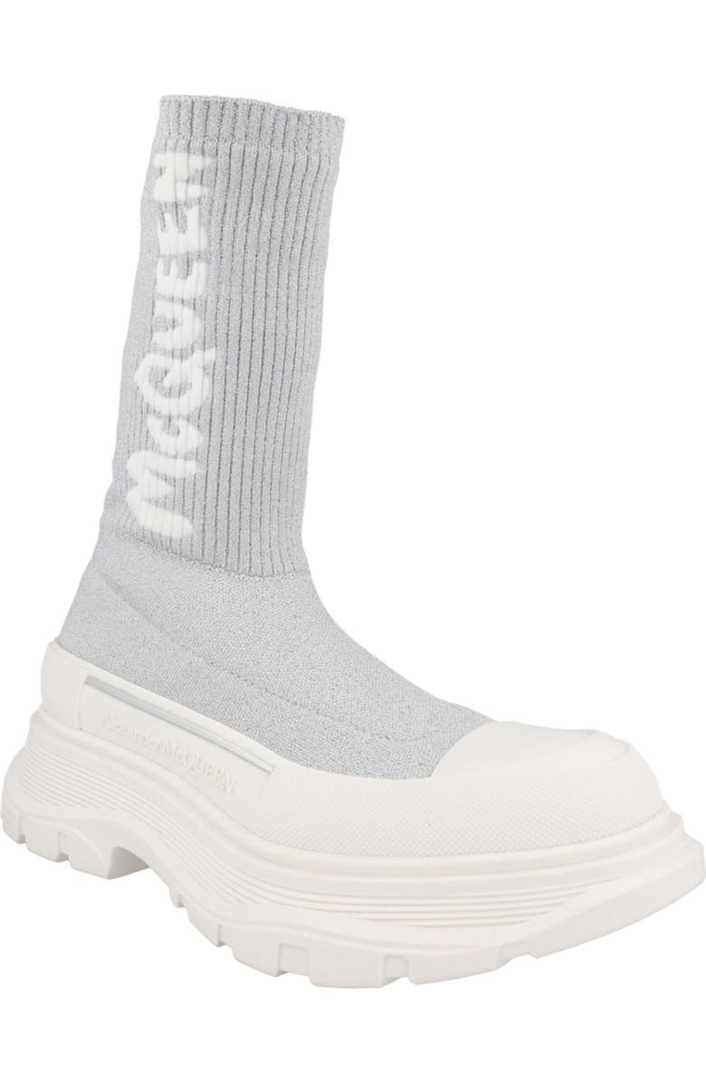 McQueen Ribbed Tread Sock Bootie, Main, color, Silver Grey White