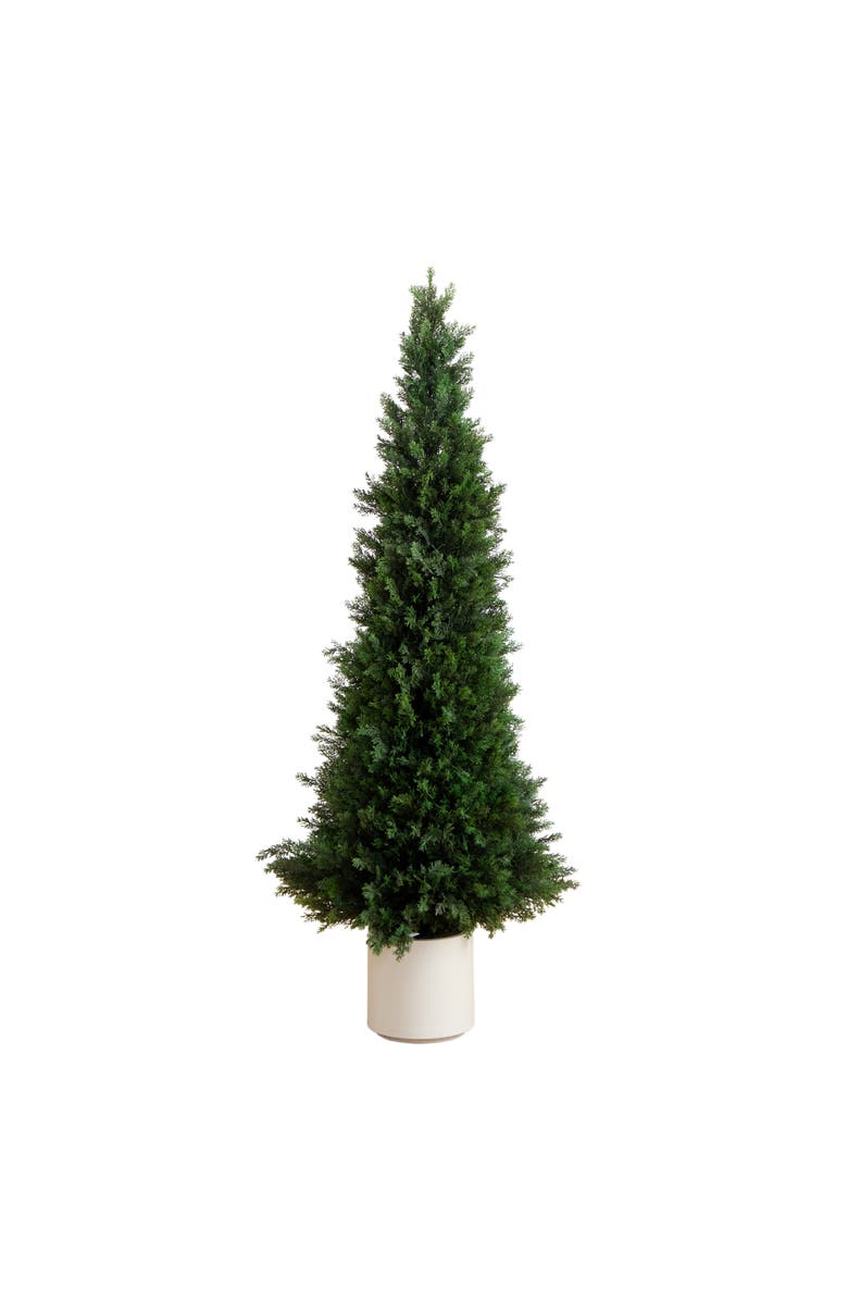 NEARLY NATURAL 5-ft UV Resistant Artificial Cedar Tree in Decorative White Planter, Main, color, Green