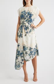 Maggy London Placed Floral Cap Sleeve Asymmetric Hem Midi Dress