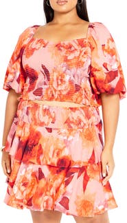 City Chic Poppie Print Smocked Crop Top