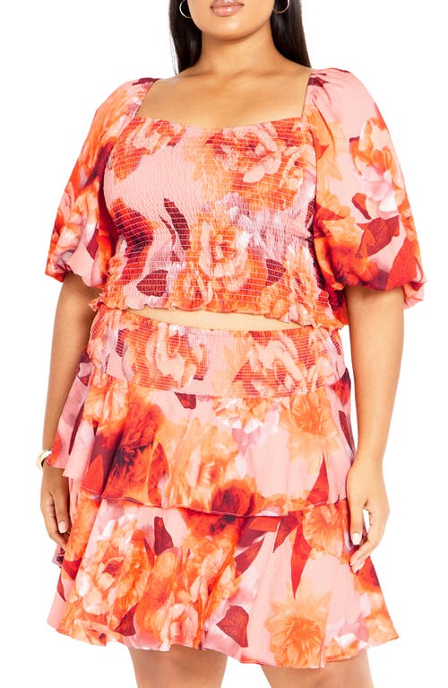 City Chic Poppie Print Smocked Crop Top In Pink