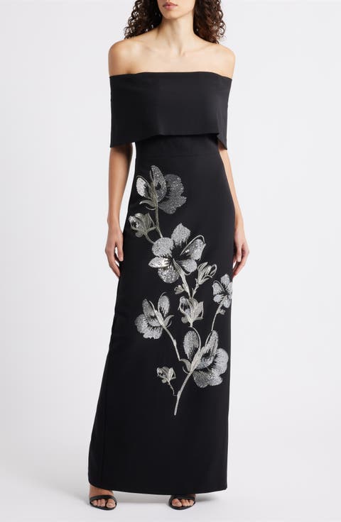 Metallic Sequin Placed Floral Embroidery Strapless Gown