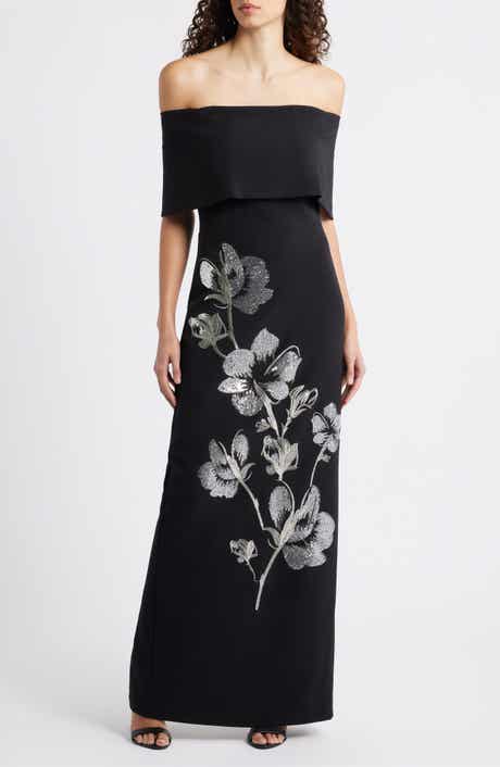 Metallic Sequin Placed Floral Embroidery Strapless Gown
