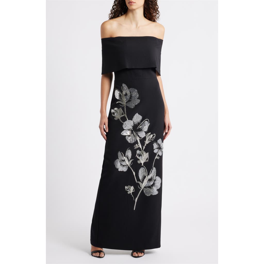 Vince Camuto Metallic Sequin Placed Floral Embroidery Strapless Gown In Black
