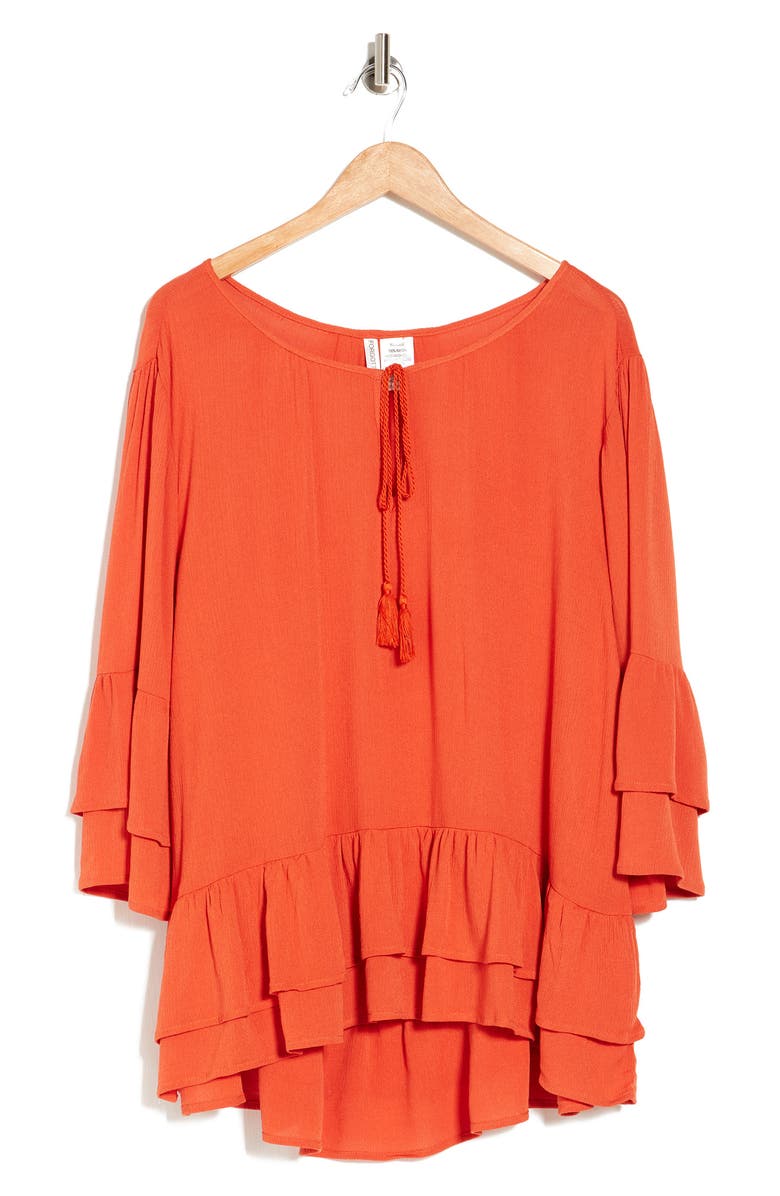 Forgotten Grace Tie Front Ruffle Waist Tunic, Alternate, color, Rust