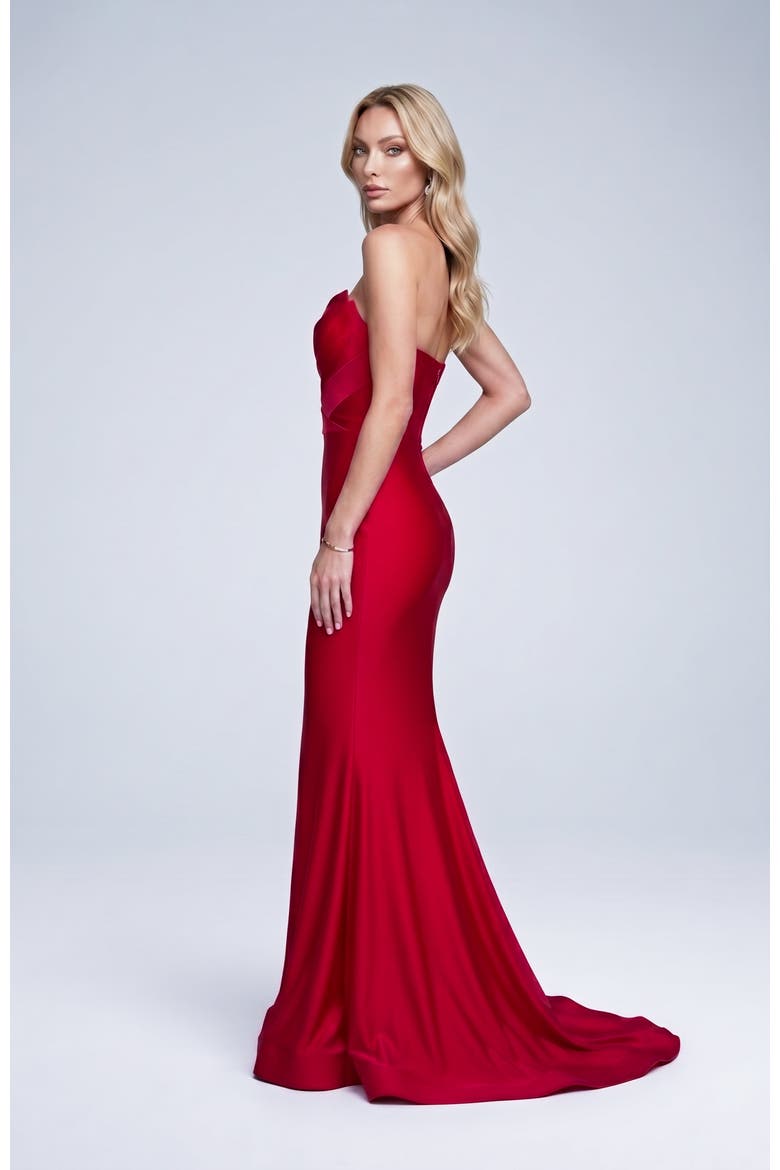 Strapless Layered Tulip Bodice Mermaid Evening Gown, Alternate, color, Red