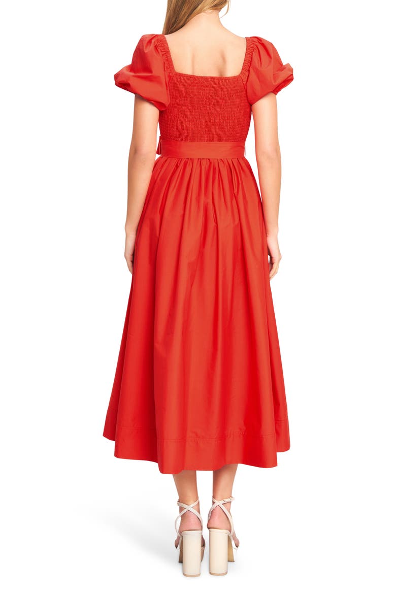 Puff Sleeve Midi Dress, Alternate, color, CORAL RED