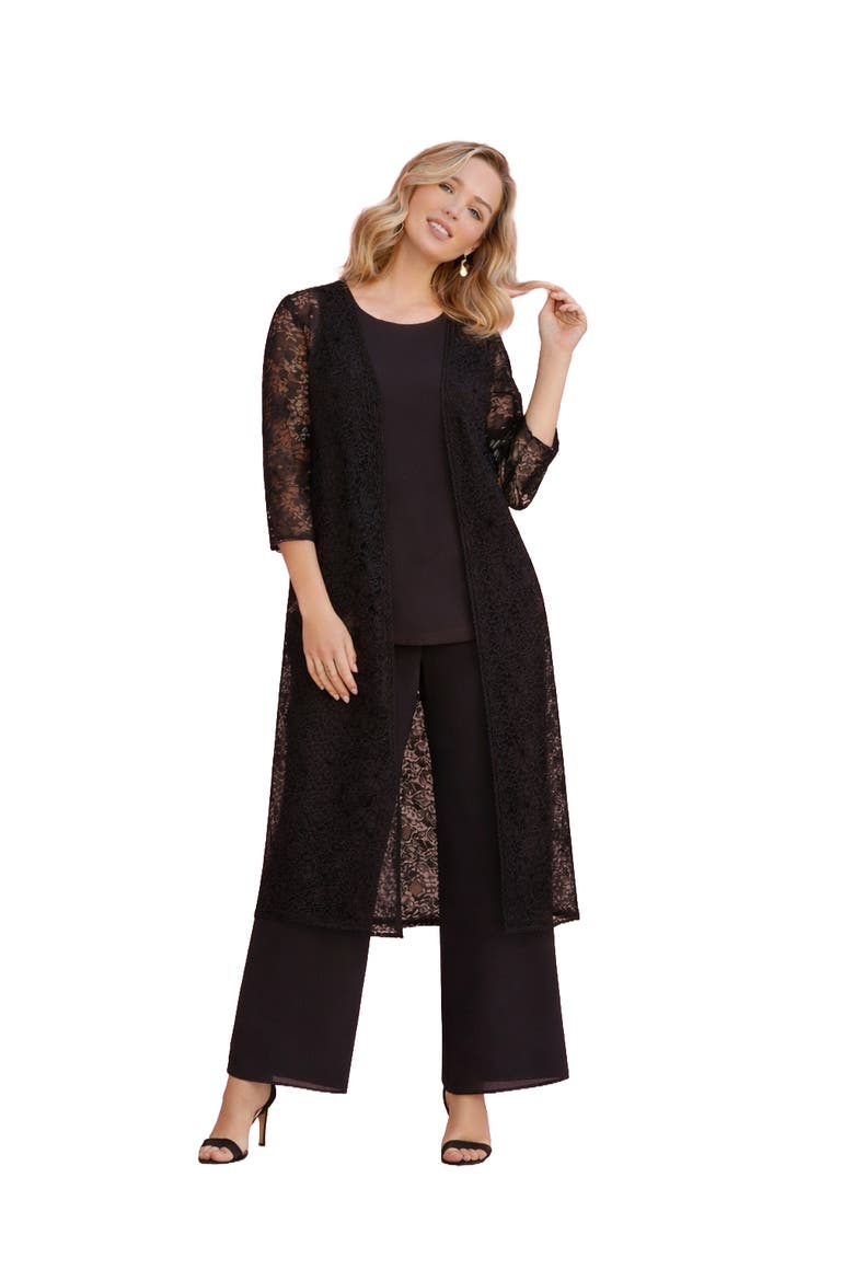 Extended Plus Size 3 Piece Allover Lace Duster Pant Set Formal Wear, Main, color, BLACK