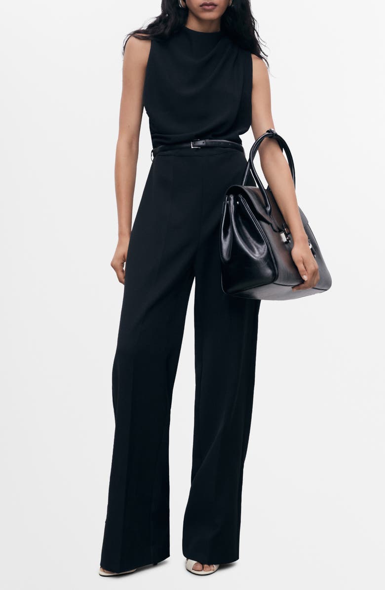 MANGO Drape Belted Wide Leg Jumpsuit, Main, color, Black