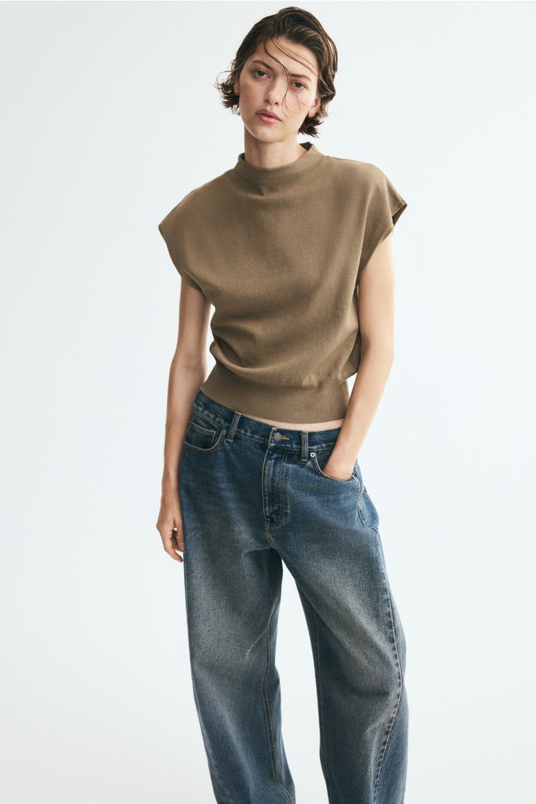 Cap-sleeved Fine-knit Top, Alternate, color, Light khaki green
