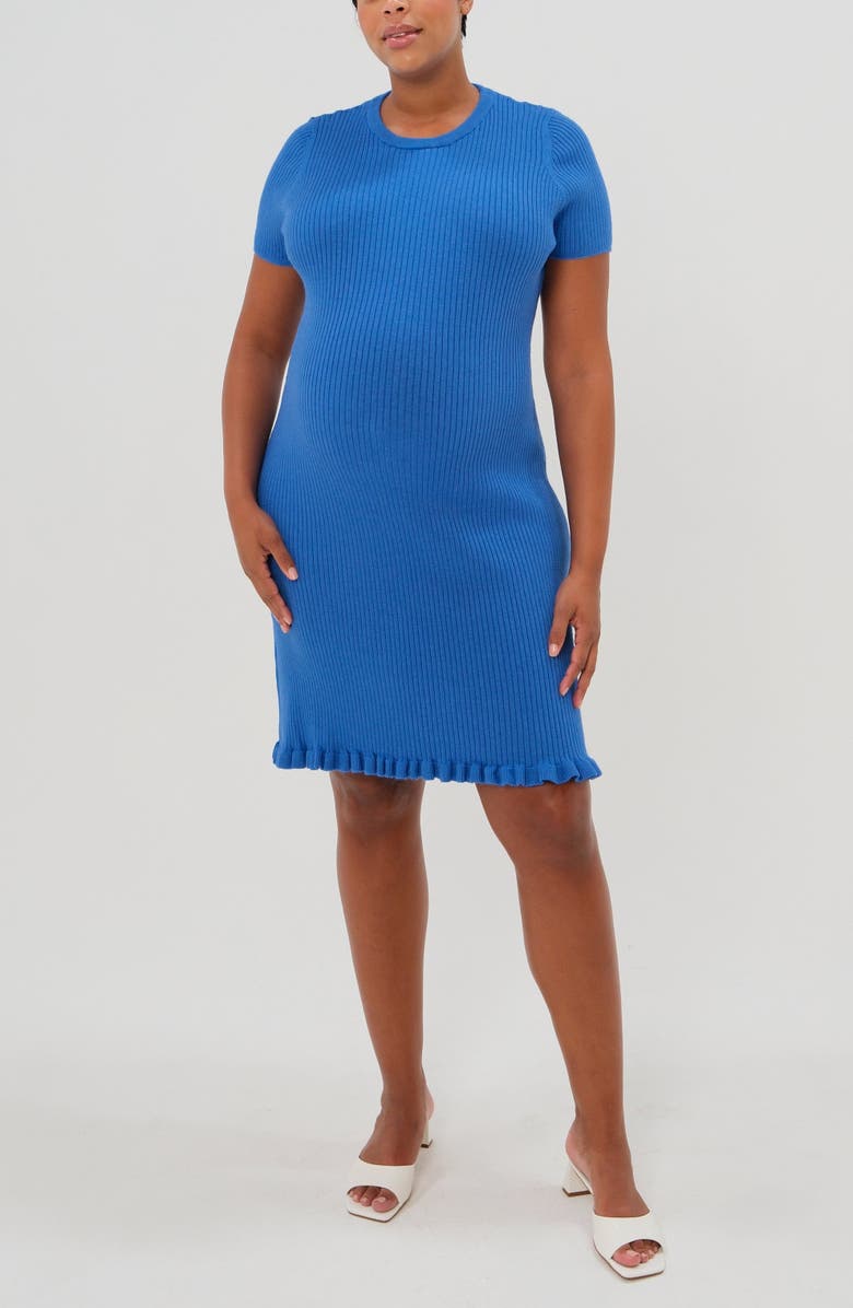 Marion Women's Short Sleeve Knit Maternity Knee Length Sweater Dress with Hem Detail, Alternate, color, Blue