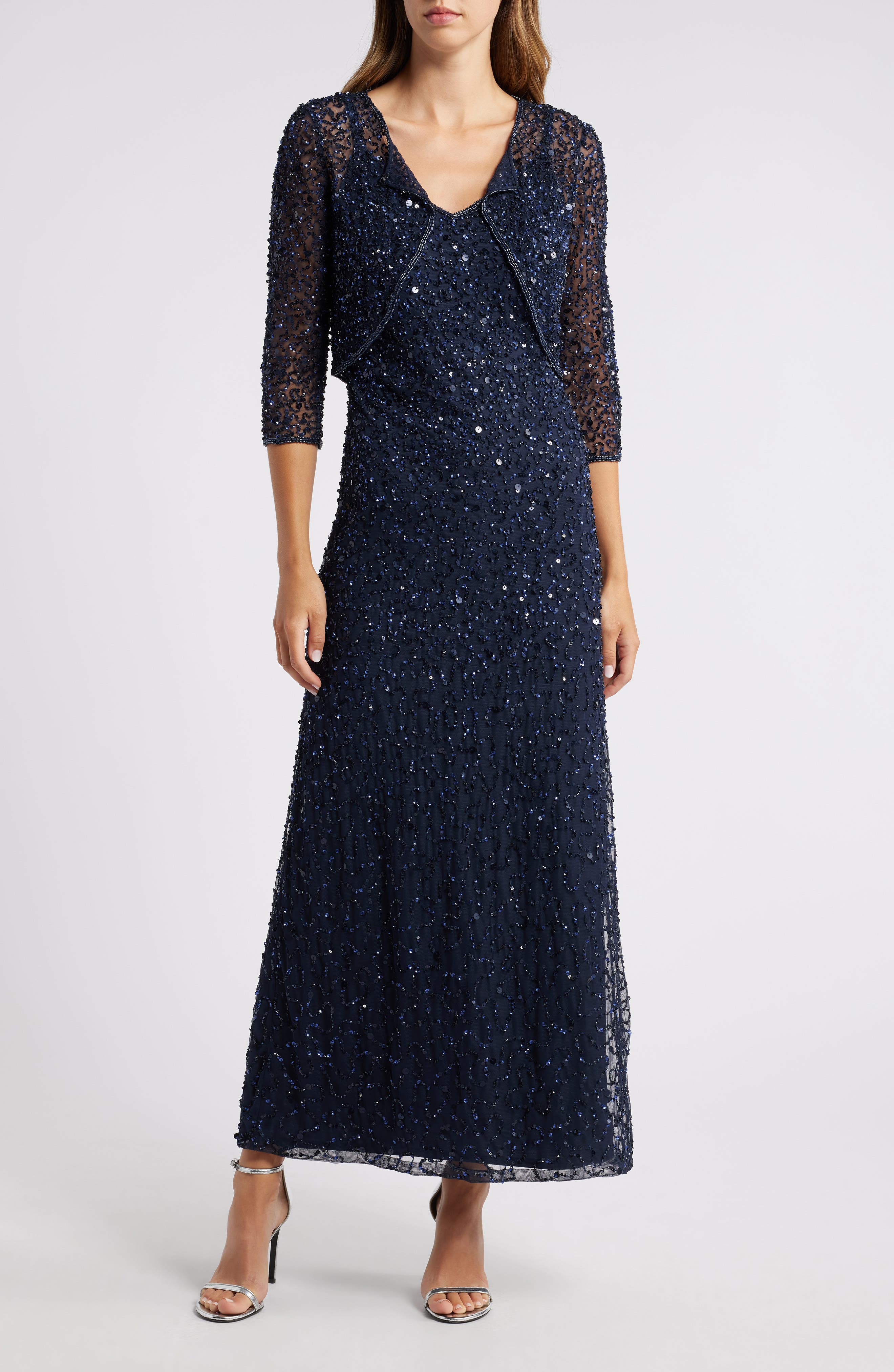 Pisarro Nights Beaded Sequin Gown with Bolero in Navy 