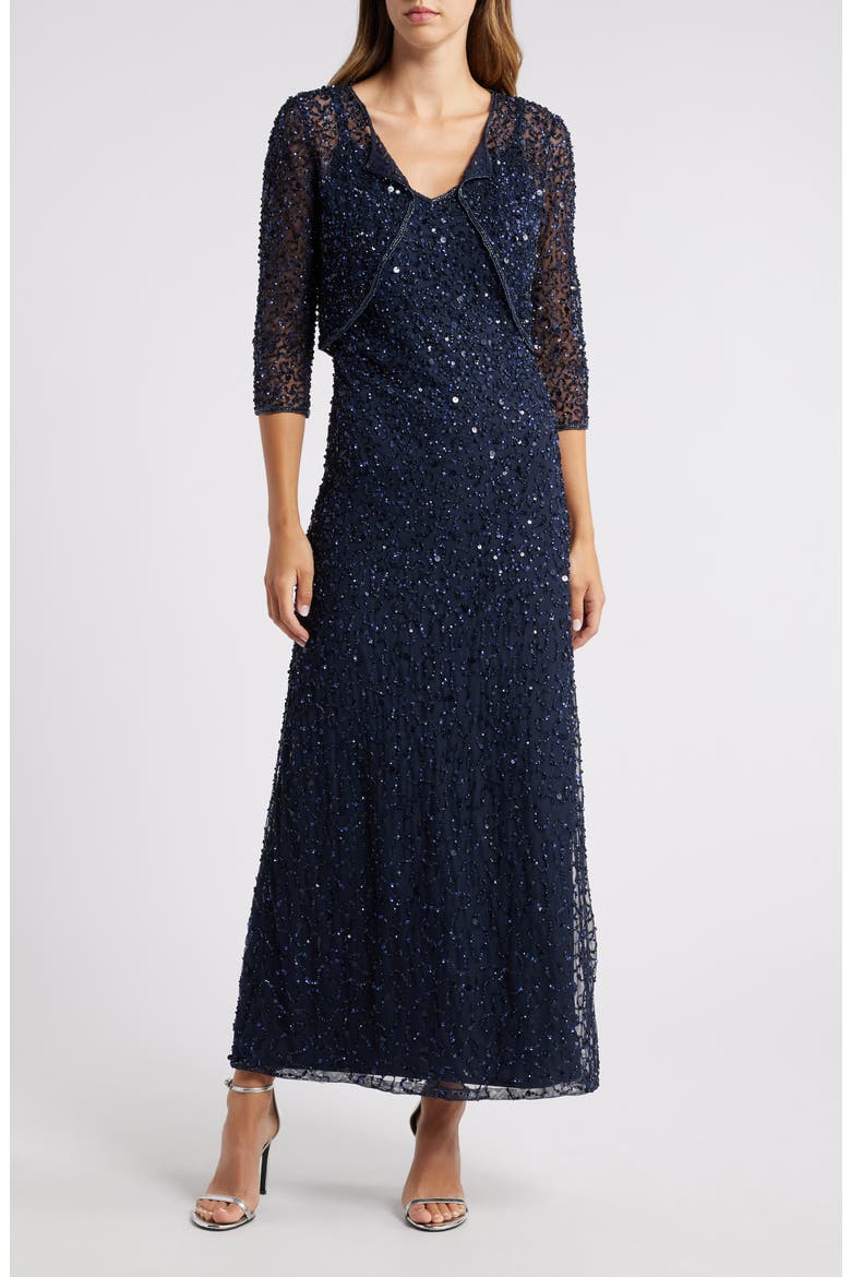 Beaded Sequin Gown with Bolero, Main, color, NAVY