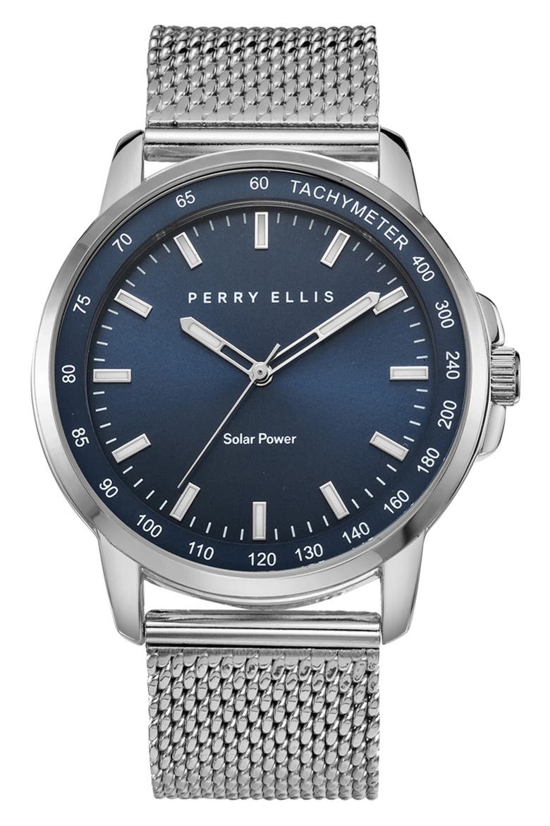 Solar Powered 3-Hand Quartz Mesh Strap Watch, 41mm, Main, color, SILVER