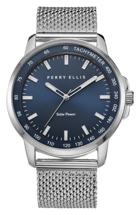 Solar Powered 3-Hand Quartz Mesh Strap Watch, 41mm