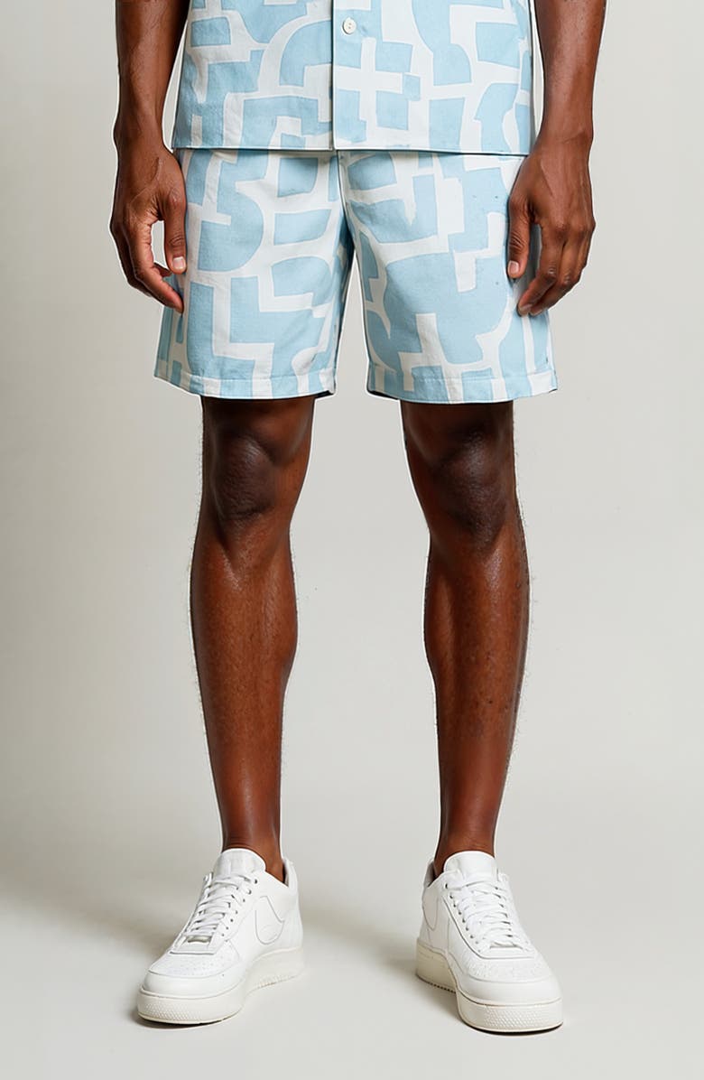 D.RT Geometric Print Swim Trunks, Main, color, White / Light Blue