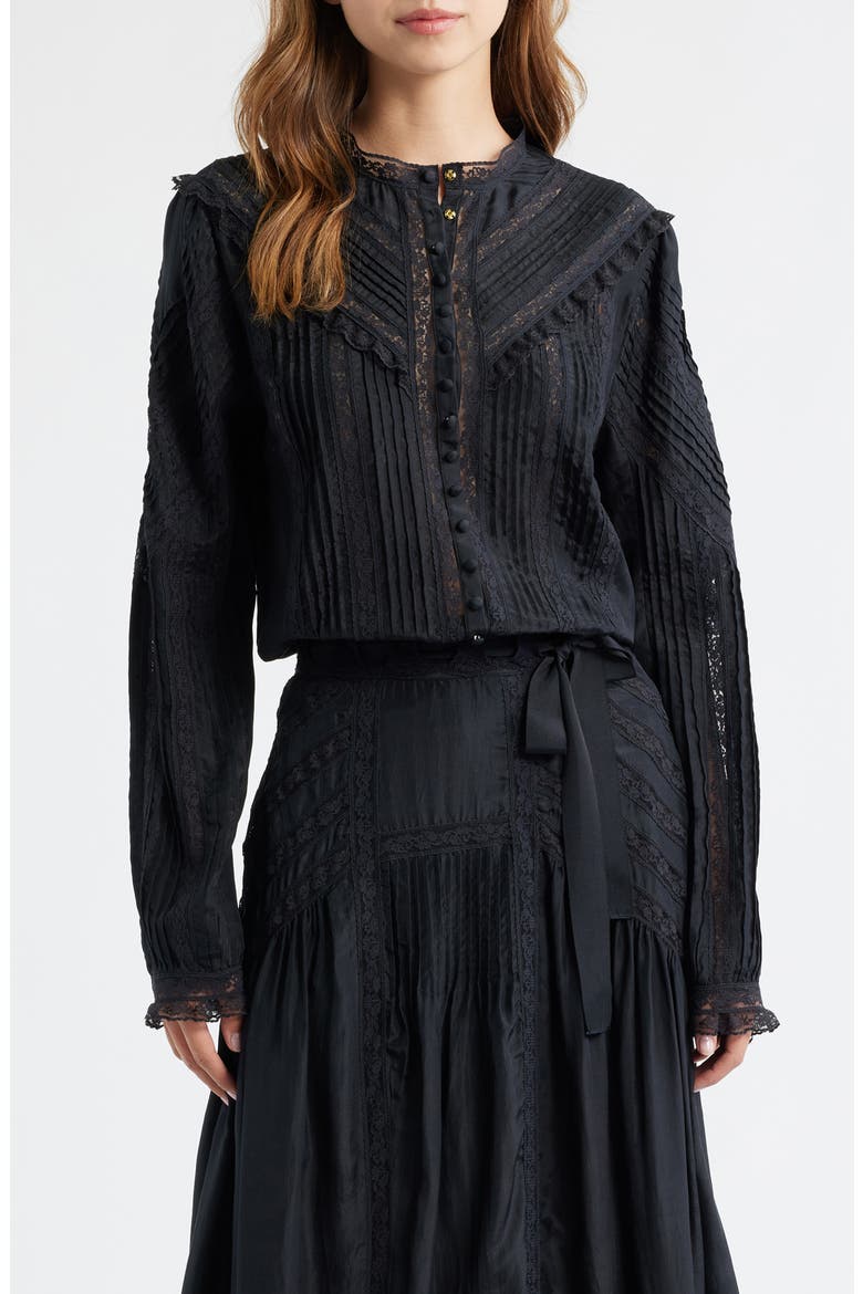 Aralina Lace & Ruffle Silk Shirt, Main, color, BLACK