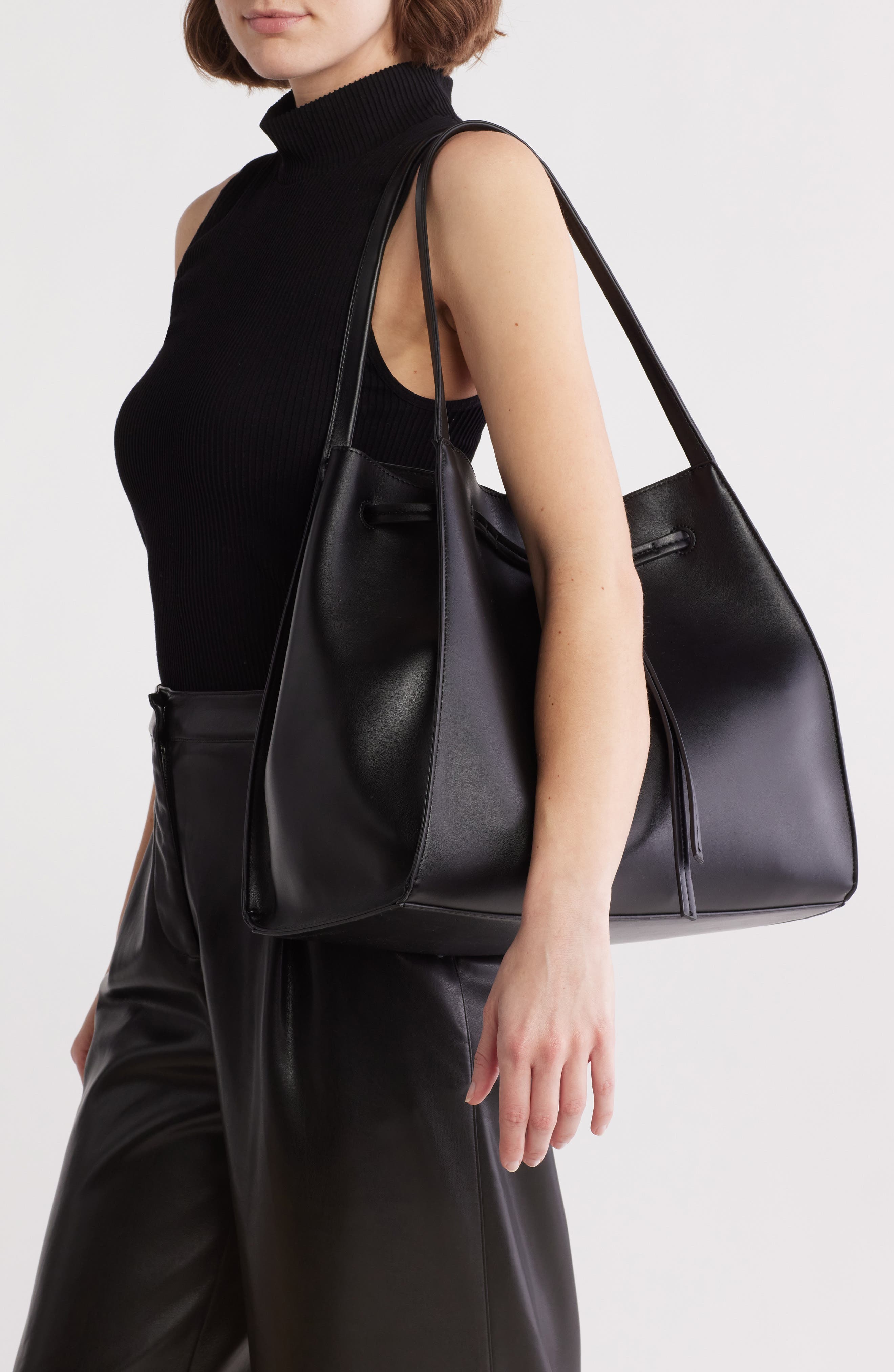 BCBG Drawstring Tulip Tote Bag, Alternate, color, Black