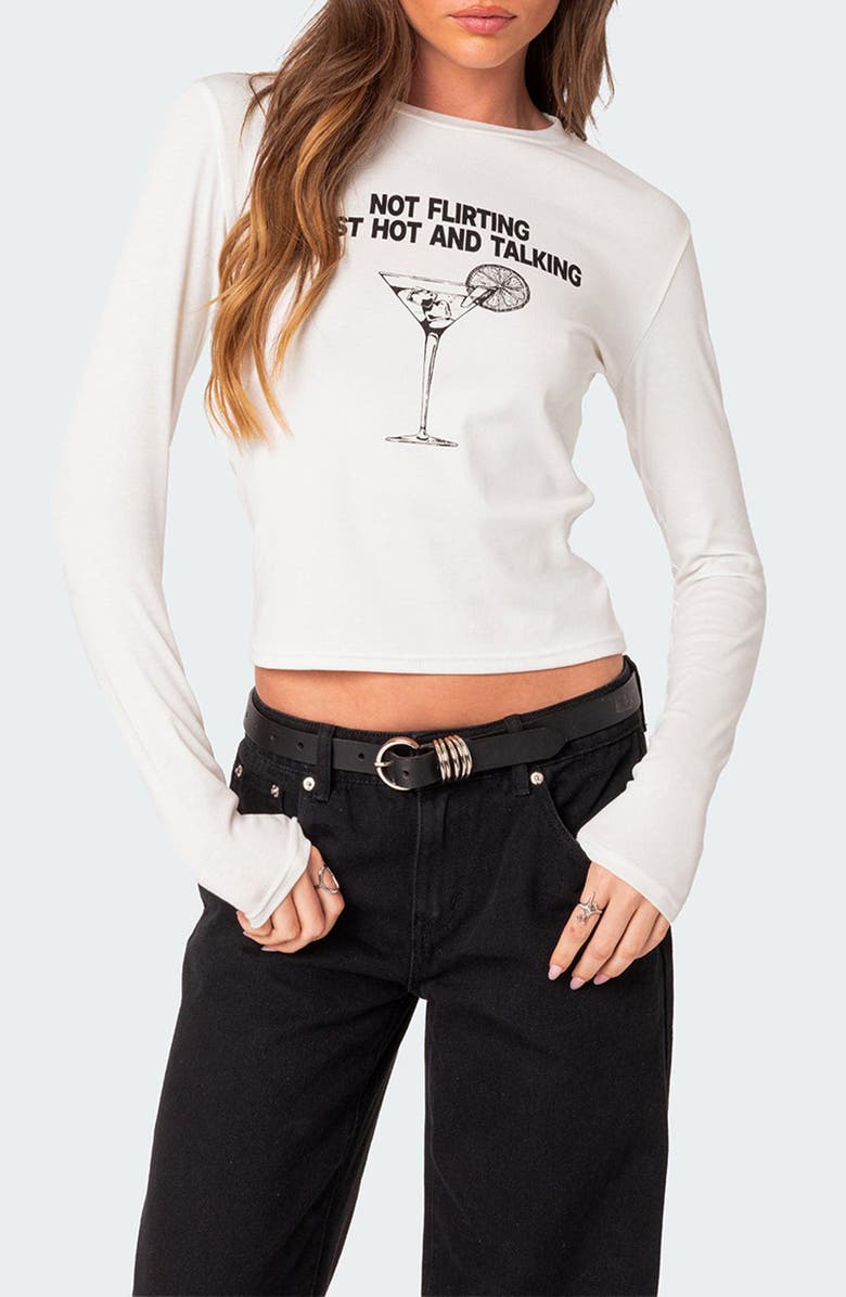 EDIKTED Flirty Long Sleeve Graphic T-Shirt, Main, color, Cream