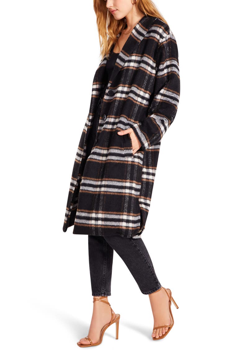 Shawl Good Plaid Longline Coat, Alternate, color, BLACK